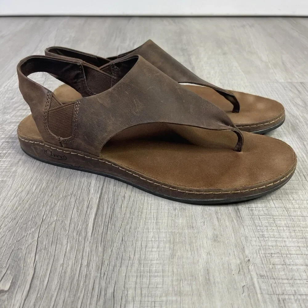 Chaco Womens Wayfarer Post Thong Sandals Toffee Leather Slingback Size 10 EUC M - Picture 4 of 9